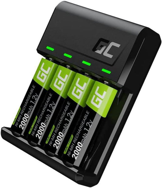Green Cell VitalCharger Ladegerät mit 4x AA 2000mAh Akkus für Ni-MH AA/AAA, USB-C/Micro-USB, 4-Kanal-Ladung, LED-Anzeige – GRSETGC01