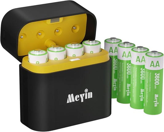 Meyin 3600 mWh AA Akkus 8er-Pack mit 4-fach USB-C Ladegerät – 2000 Ladezyklen, 2h Schnellladung, 1.5V Lithium Batterien Set