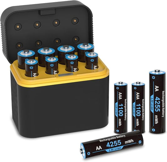 Hengweiuk 4255 mWh AA/AAA-Akkus & Ladegerät Set, 1,5 V Lithiumbatterien für Blink Kamera, Smart Lock, Gamecontroller, Fernbedienung