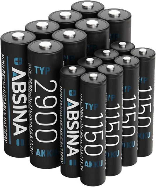 ABSINA 8x AA 2900 & 8x AAA 1150 mAh NiMH Akkus Set - Wiederaufladbare Akkus für Blitzgerät, Xbox Controller, Telefon & Geräte mit hohem Stro