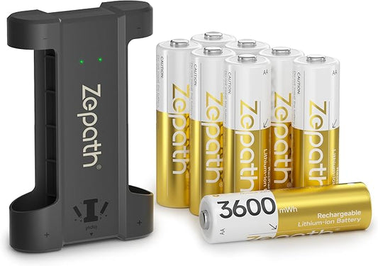 Zepath 8x AA Lithium Akkus mit Ladegerät 2024, 3600mWh, 1,5V, 2000+ Ladezyklen, 0V Schutz