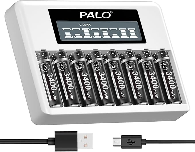 palogreen 8x AA Akkus 3400mWh mit LCD-Ladegerät 2022 - 1,5V Li-Ion wiederaufladbar, Micro-USB & Typ-C, für Haushalt & Elektronik