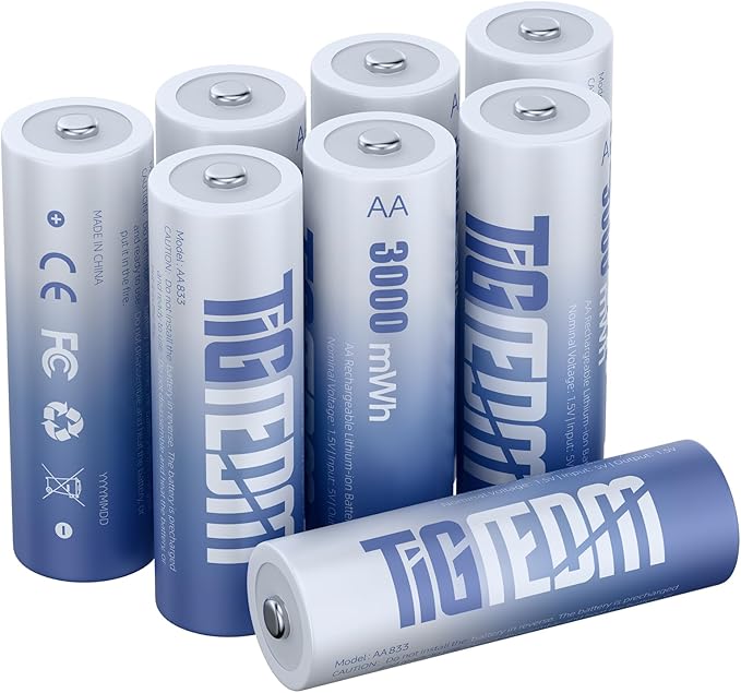TIGNEDM AA Lithium Batterien 8er Set, 1.5V wiederaufladbar, 3000mWh, 2000 Ladezyklen, Li-Ion Akkus