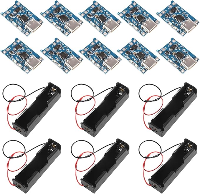 AITRIP 10 Stück USB-C 5V 1A 18650 Ladegerät-Modul mit Dualschutz + 6 Stück 3,7V 18650 Batteriehalter