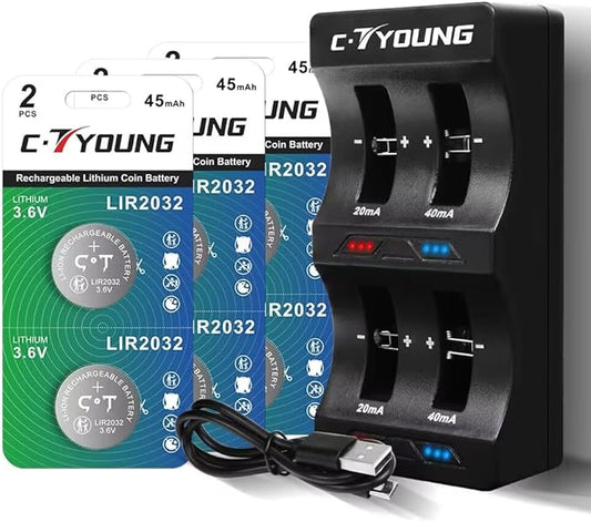 CTYOUNG LIR2032 3.6V wiederaufladbare Knopfzellenbatterien (6 Stück) mit Ladegerät – Ersatz für CR2032 3V