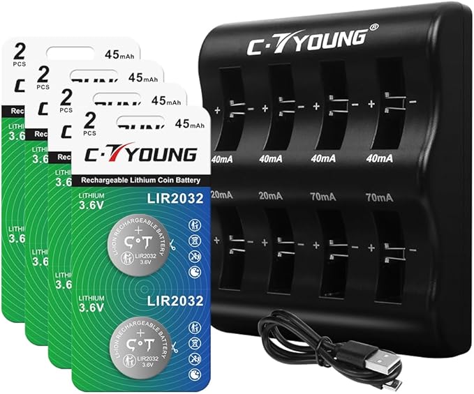 CTYOUNG 2032 Ladegerät mit 8 Steckplätzen für wiederaufladbare 3,6V Lithium-Knopfzellenbatterien inkl. USB-C