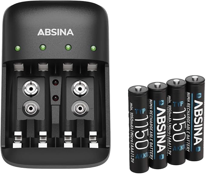 ABSINA Akku Ladegerät Set NiMH 4-Fach für Micro AAA, Mignon AA & 9V Block Akkus + 4x AAA 1150 mAh Akkus – 301001