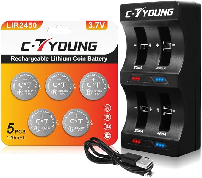 CTYOUNG LIR2450 Lithium-Ionen-Batterien 5 Stück 3.7V wiederaufladbar mit Münzzelle-Ladegerät für CR2450 Ersatz