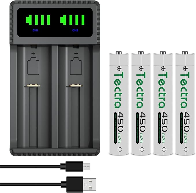 Durapro AAAA Akku Set: 4x wiederaufladbare Ni-MH Batterien 450mAh + LED USB Ladegerät für Stifte, Stirnlampen