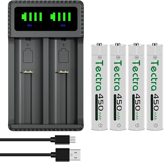 Durapro AAAA Akku Set: 4x wiederaufladbare Ni-MH Batterien 450mAh + LED USB Ladegerät für Stifte, Stirnlampen