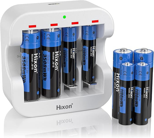 Hixon SFNS1650 AA AAA 1,5V Lithium Akku Set mit 4x AA + 4x AAA Batterien und Schnellladegerät