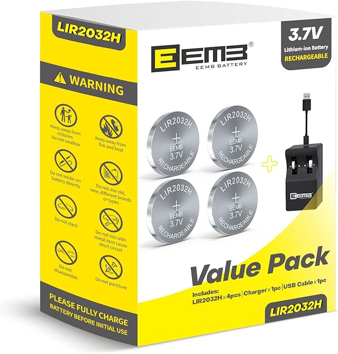 EEMB LIR2032H Akku Set mit 4x 3,7V Lithium-Ionen Knopfzellen 70mAh & Ladegerät - Ersatz für ML2032, Auto-Fernbedienung, Schlüsselanhänger, U
