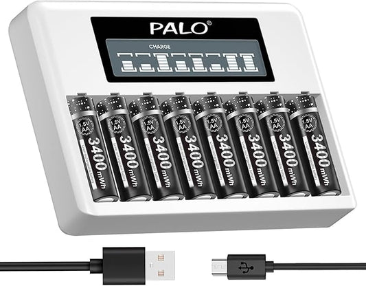 palogreen 8x AA Akkus 3400mWh mit LCD-Ladegerät 2022 - 1,5V Li-Ion wiederaufladbar, Micro-USB & Typ-C, für Haushalt & Elektronik