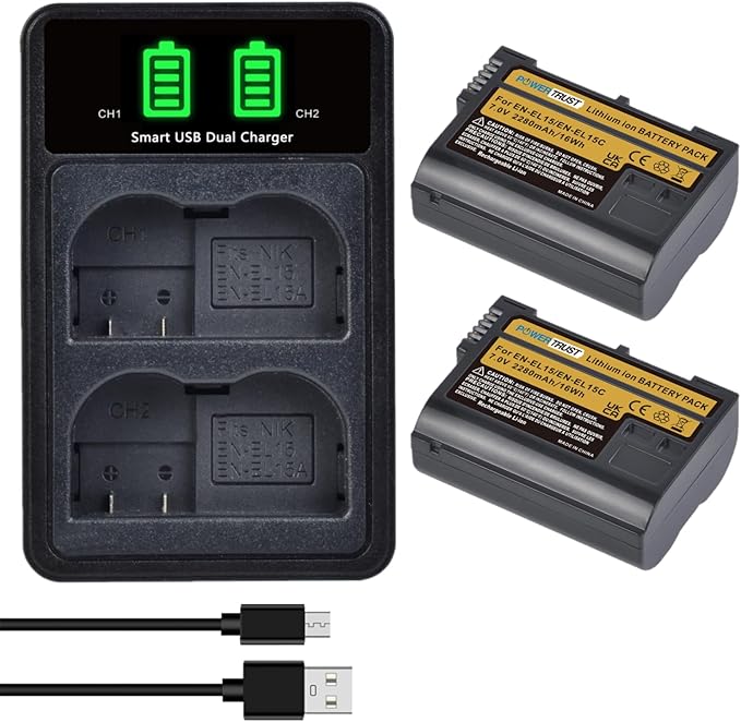 PowerTrust EN-EL15C Akku und Ladegerät mit Typ-C für Nikon Z8, Z6, Z7, D850, D750, D500, D810, D7200, D7000, D600, D610