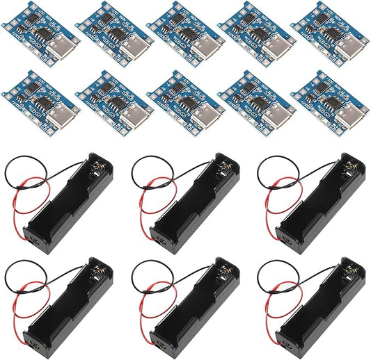 AITRIP 10 Stück USB-C 5V 1A 18650 Ladegerät-Modul mit Dualschutz + 6 Stück 3,7V 18650 Batteriehalter